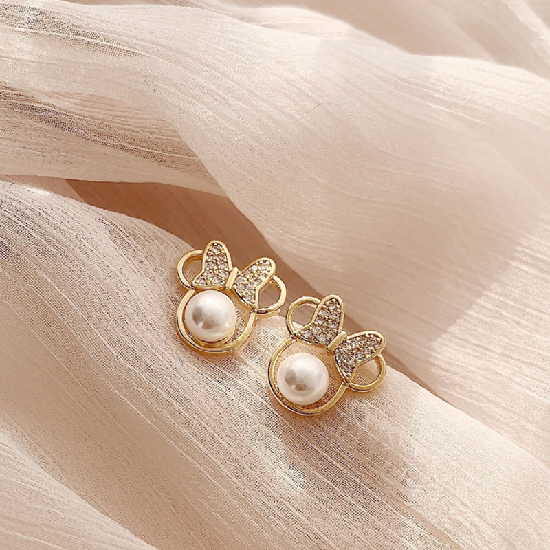 Dongdaemun S925 silver needle pearl bow little mouse earrings ins trendy internet celebrity fashion temperament versatile earrings