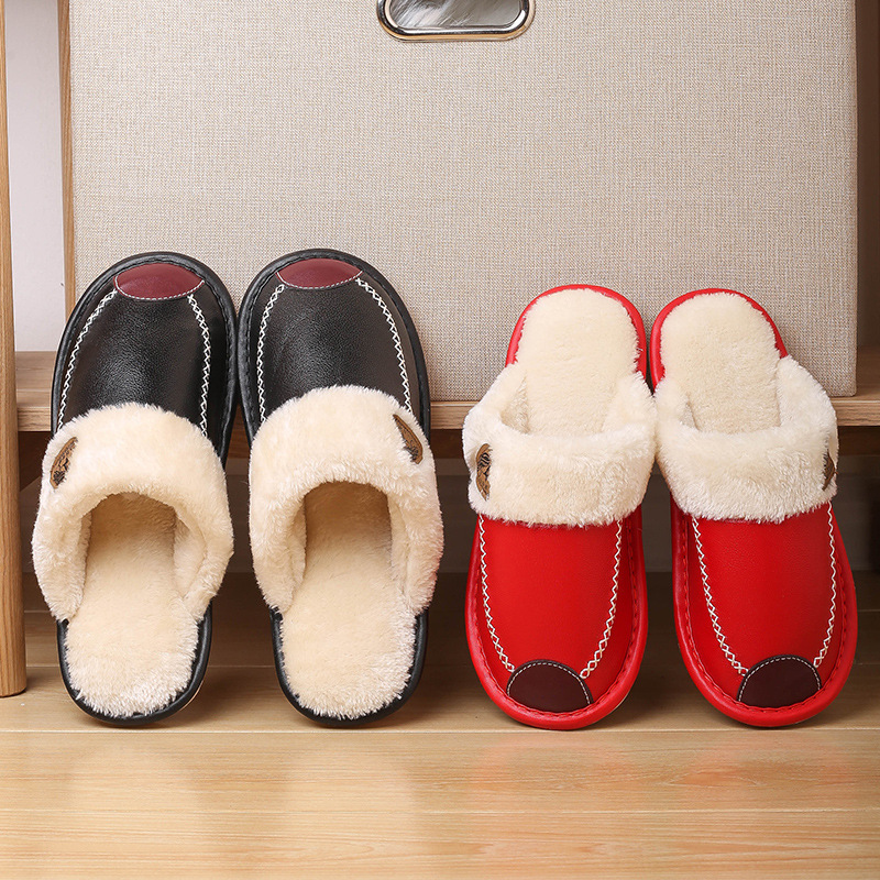 Waterproof Lint Cotton Slippers Women's Winter Dormitory Home and Household Couple's Warm Non-slip Lined Cotton Slippers for Women