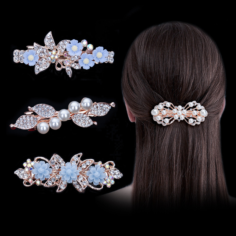 Accessori per capelli coreani fiocco di strass semplice forcina per adulti Perla clip orizzontale clip per coda di cavallo clip superiore clip a molla piccola_voghion.com
