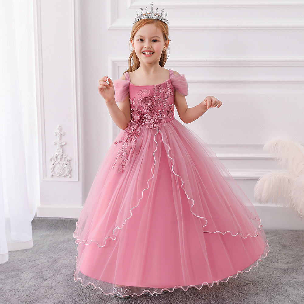 Evening gown for children's fashion show in Europe and America, one-shoulder princess dress, flower child wedding dress, ballgown for girls, piano performance costume