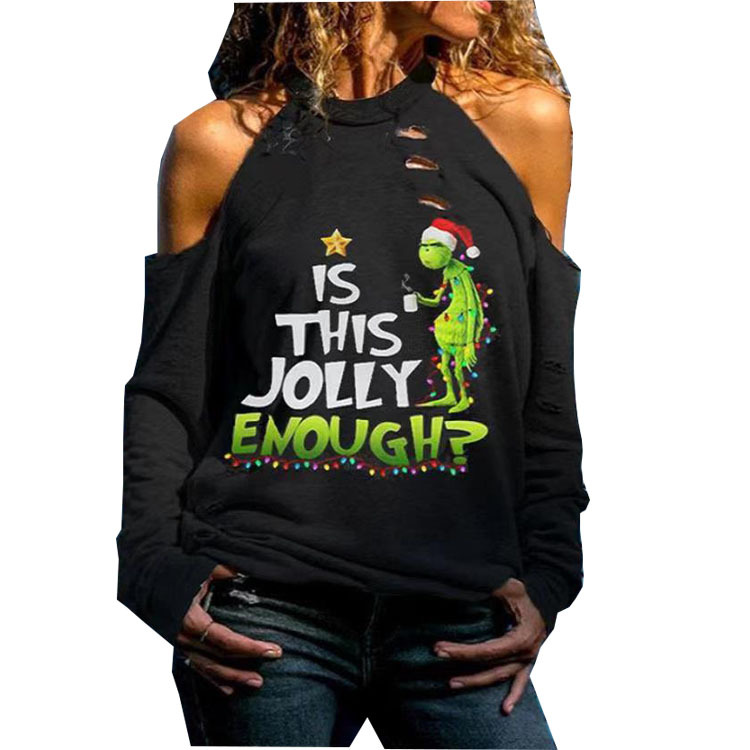 2020 New Independent Station European and American Best Selling Women's Shoulder Irregular Long Sleeve T-shirt Christmas Printed Funny T-shirt