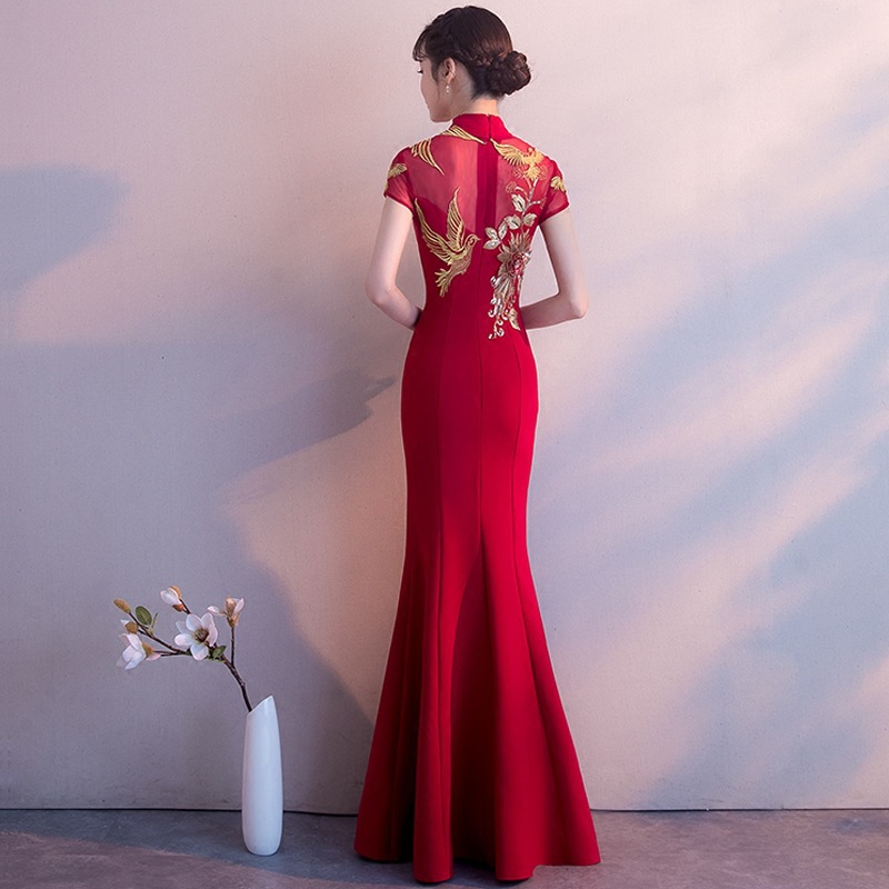 Chinese Bride Toasting Dress Cheongsam 2023 New Summer Red Fishtail Long Wedding Dress Women's Chinese Style