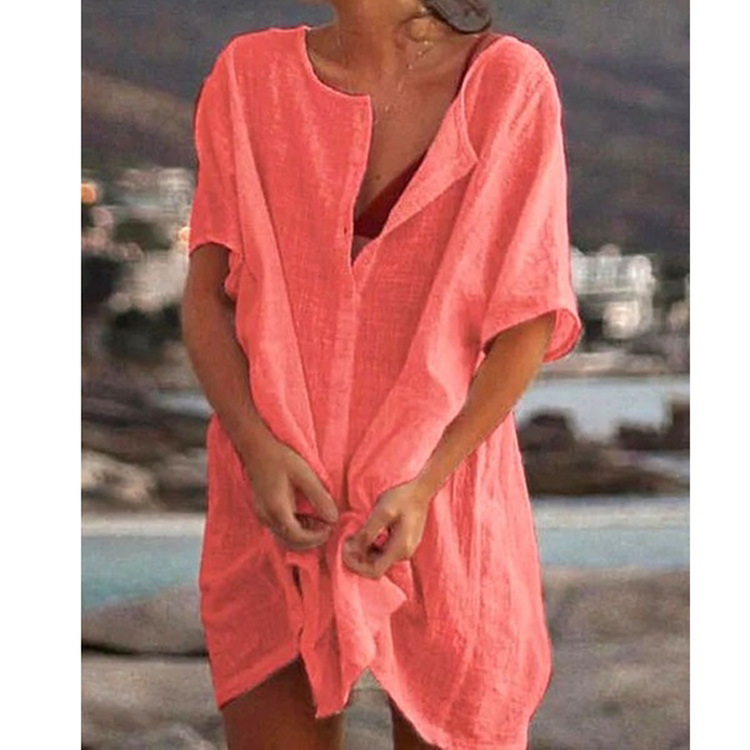 2023 cross-border foreign trade Europe and the United States summer women's shirt multi-color multi-size long loose solid color short sleeve shirt Women