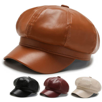 Autumn and Winter trendy PU leather octagonal hat beret outdoor windproof warm sun hat fashion casual peaked cap