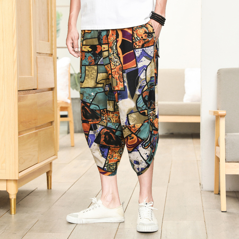 Factory wholesale summer hemp pants men's capri pants loose feet radish pants cotton hemp harem pants ethnic Wind Flower pants