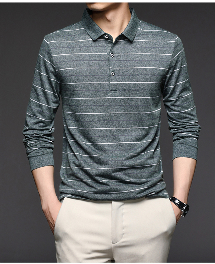 2021 Spring and Autumn Middle-aged Long-sleeved T-shirt Men's Polo Shirt Lapel Striped Casual Dad Base Shirt Korean Style