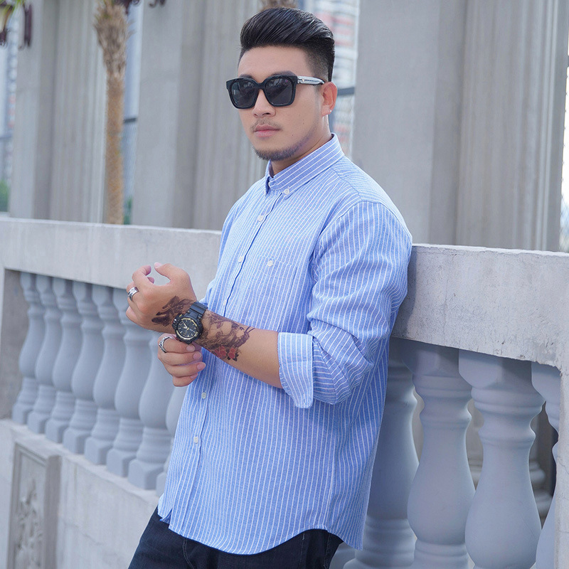 Autumn New plus size Men's Long Sleeve Shirt Business Casual Oxford Striped Shirt Men's Plus Large Top