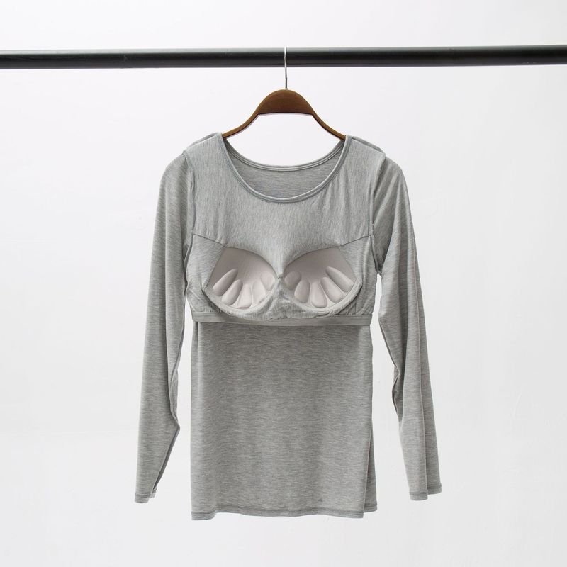 胸パッド付き丸首長袖tシャツモーダル女性無料ブラジャーカップ一体スチールリングなしパジャマ下着シャツ|undefined