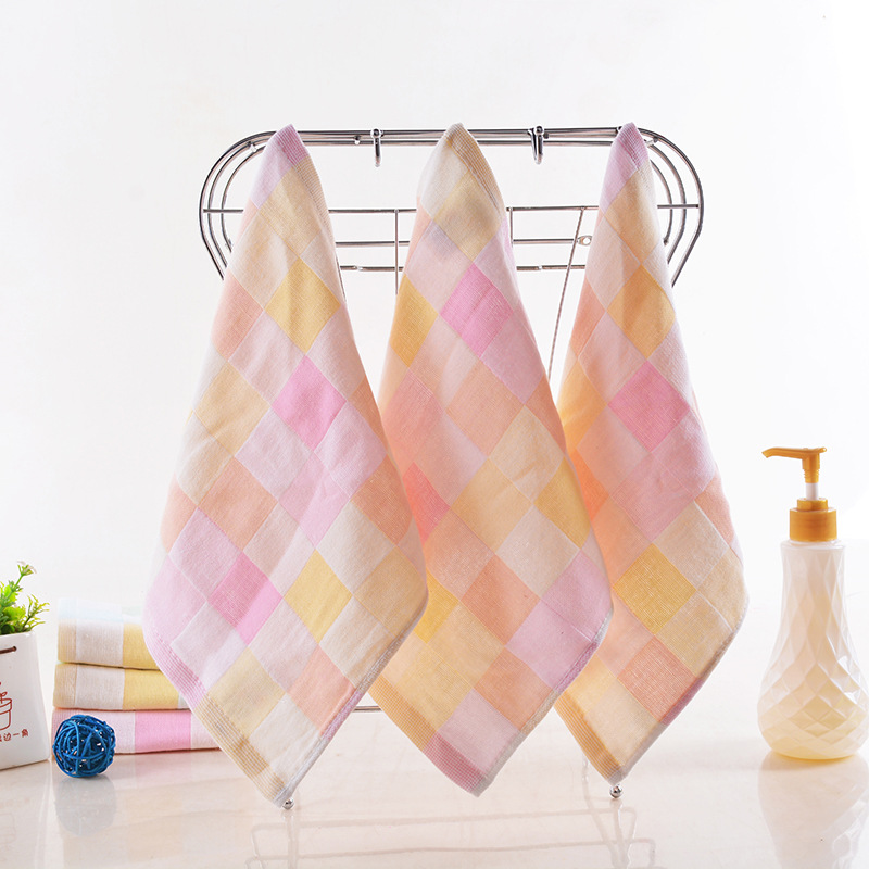 Factory wholesale cotton gauze towel plaid square cotton children's face towel kindergarten small square towel can be customized