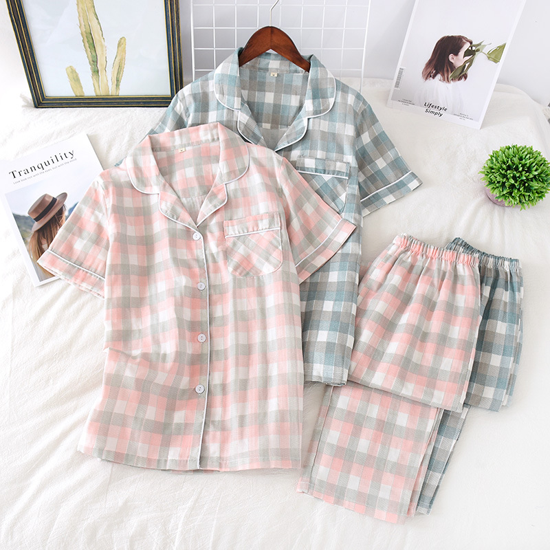 Spring Summer Autumn Men's and Women's Double Gauze Home Clothes Couple's Japanese Style Cotton Pajamas Short-sleeved Trousers Casual Suit_voghion.com