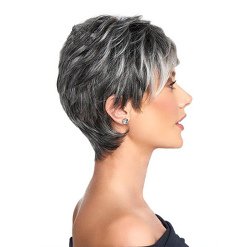 Außenhandel neue Mode Farbverlauf silbergrau Damen Kurzhaarperücke schräger Pony Hochtemperatur-Seidenperücke_voghion.com