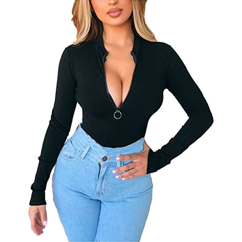 2023 Spring and Autumn new women's clothing one-piece delivery foreign trade hot girl Autumn sexy top women's black zipper long sleeve