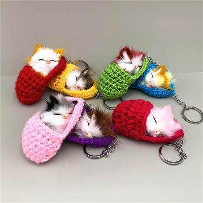 Cute Sleep Cat Keychain Slippers Cat Plush Bag Pendant Car Key Chain Simulation Animal Small Gift