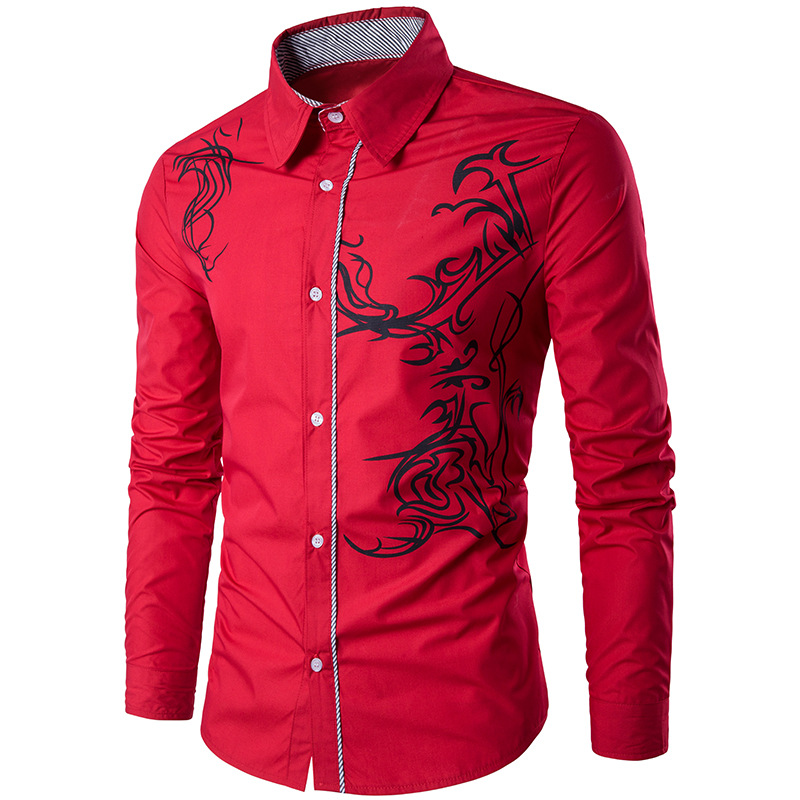 Spring New Men's Shirt Men's Long Sleeve Tattoo Print Long Sleeve Slim Fit Shirt