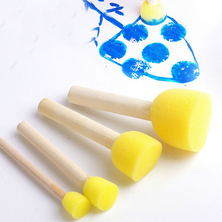 Children's Painting Brush Round Wooden Sponge Seal Painting Brush 4-Piece Set Early Education Kindergarten Graffiti Tool Painting