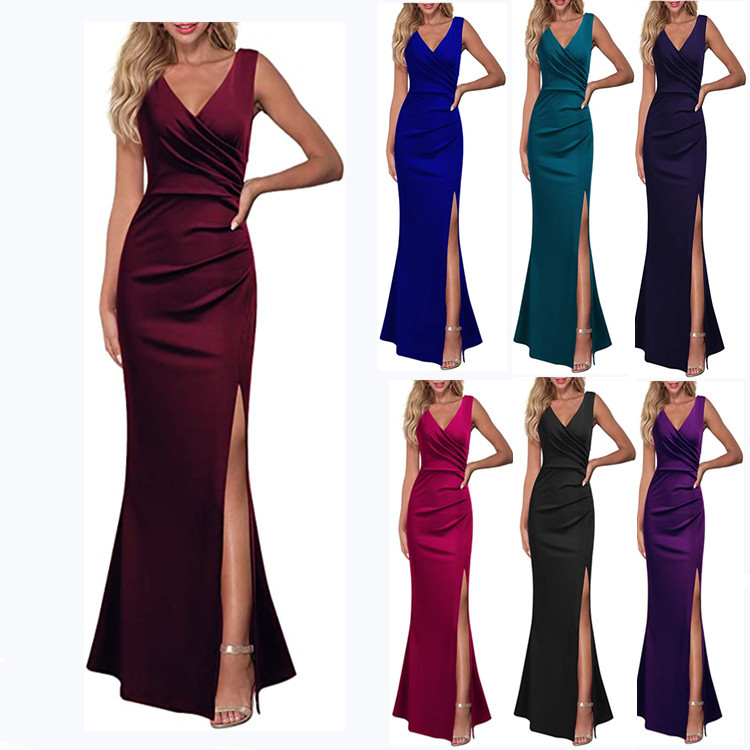2020wish Cross-border Summer New European and American Dress Solid Color Slim Slim Strap Split Long Dress