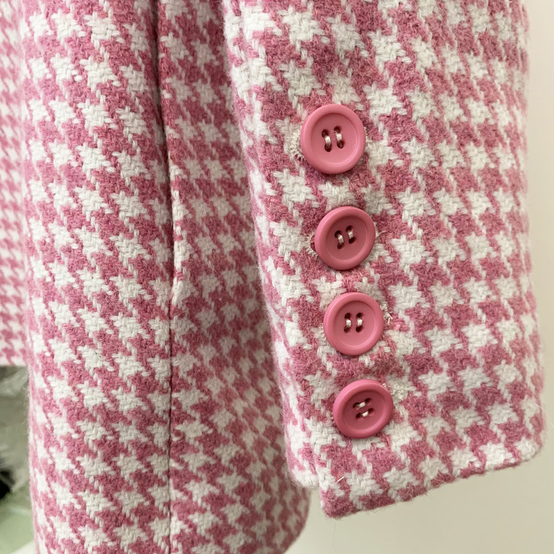 Spot European and American quality sharp 2024 autumn and winter suit collar slim pink houndstooth wool coat coat_voghion.com
