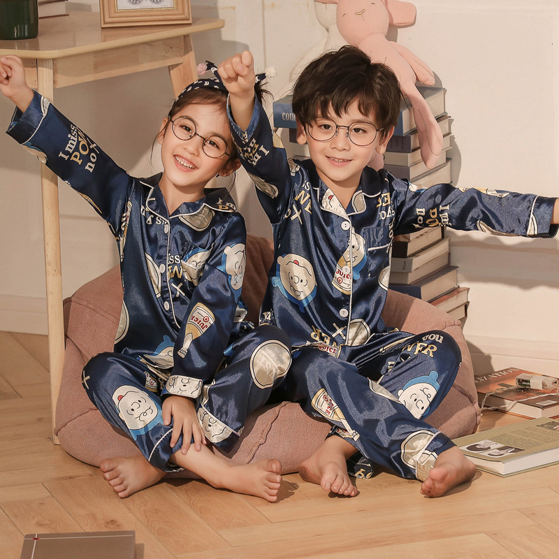 Children's Pajamas Thin Boys and Girls Big Baby Summer Suit Girls Kids Long Sleeve Ice Silk Air Conditioning Home Clothes