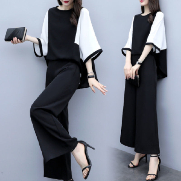 2020 New Women's Clothing Spring and Summer Two-piece Pants Stitching Loose Top Wide Leg Pants Casual Fashion Suit Women's Large Size