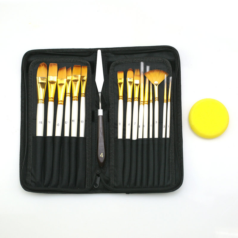 Cross-border canvas bag 15 oil brushes suit nylon wool watercolor painting art brushes with scraper sponge in stock