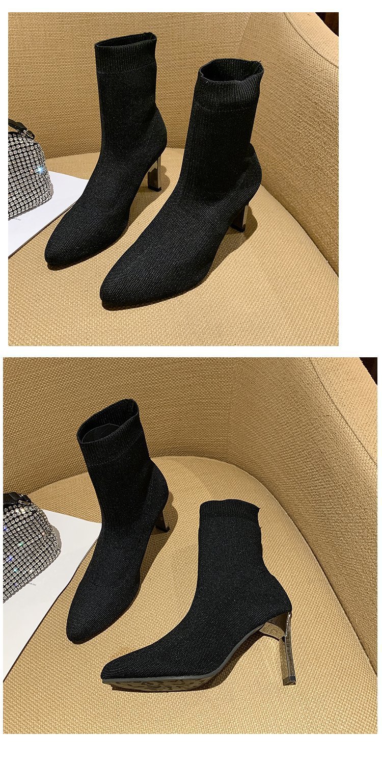 Špicaté ponožky Čižmy Dámske hrubé podpätky 2023 Jarná novinka Vysoké podpätky strečové čižmy s plochým podpätkom Vlnené čižmy Móda Krátke čižmy_voghion.com