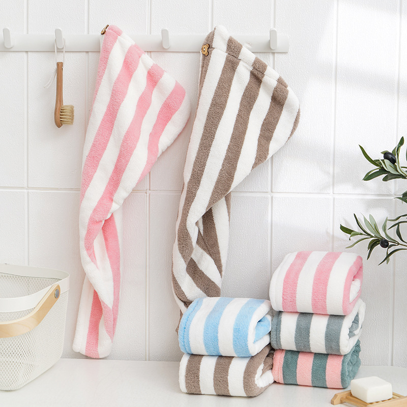 Japanese Microfiber Thickened Coral Fleece Cationic Hair Drying Cap Headband Water Absorbent Quick Drying Striped Shower Cap Wholesale