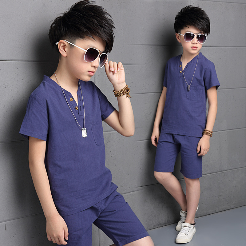 [Factory Direct] boys linen cotton short sleeve suit 2022 children's clothing new summer children's two-piece set