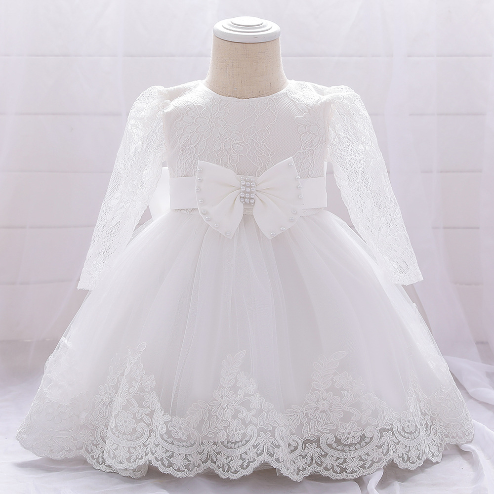 Amazon One Year Old Dress Long Sleeve Lace Stitching Wash Dress Bow Beaded Girl Dress