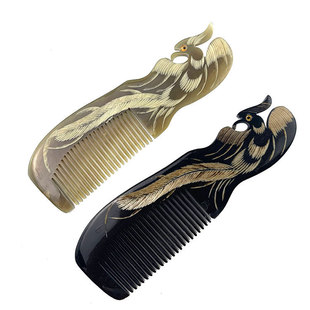 Head Comb Natural Horn Carving Dragon and Phoenix Lifelike Horn Craft Gift Hairdressing Anti-static Horn Comb