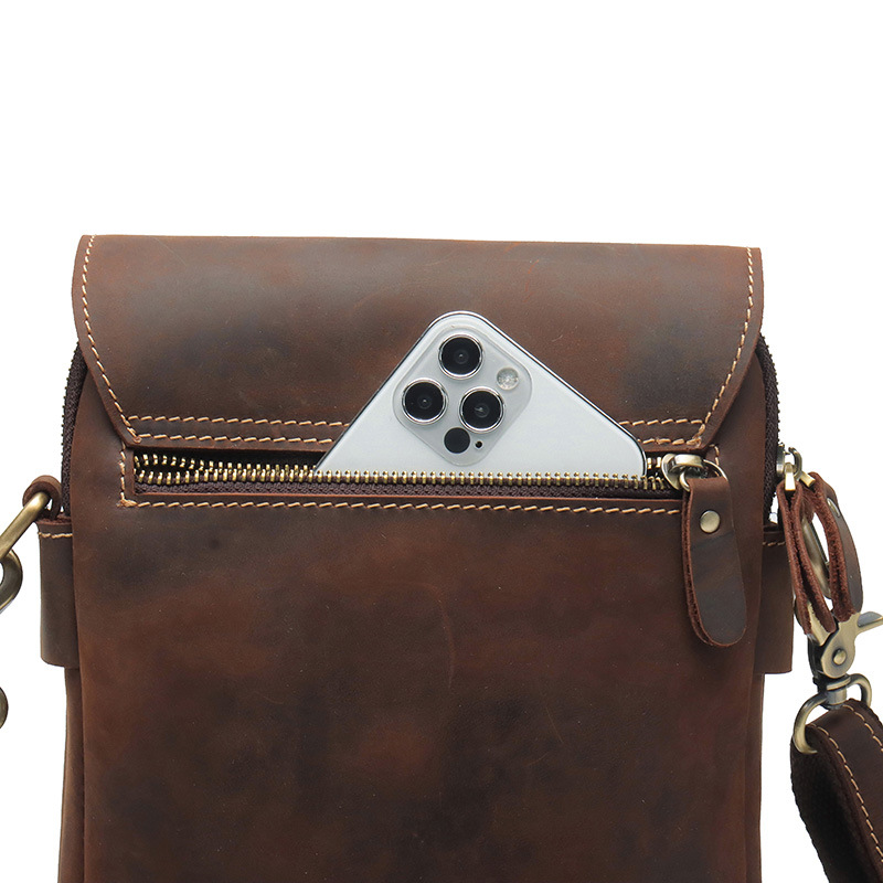 Factory Batch Handmade Crazy Horse Leather Men's Bag Shoulder Bag Men's Cowhide Vertical Simple Vintage Genuine Leather Crossbody Bag Men's Backpack