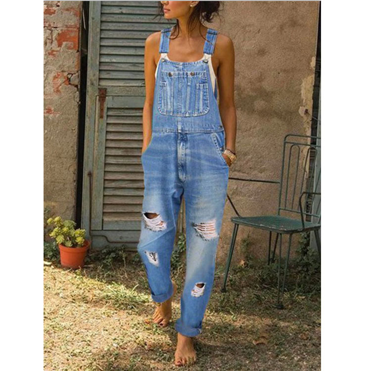 Spot AliExpress Amazon European and American women's denim bib pants holes thin women's bib pants pants