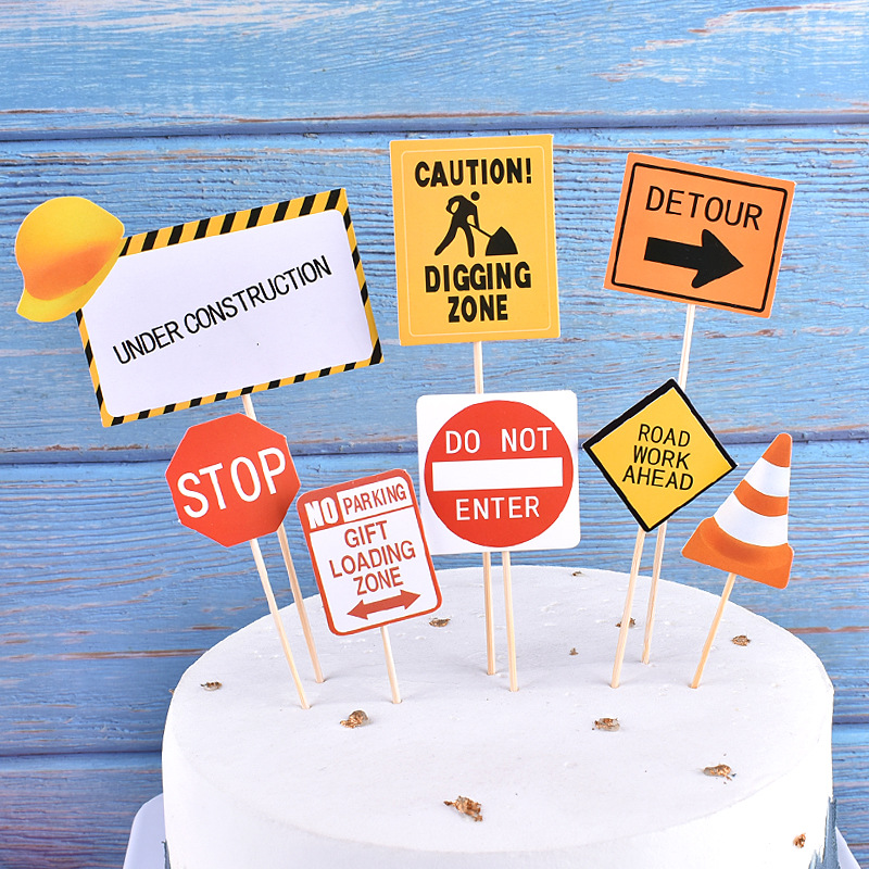 Children's Cake Decoration Engineering Vehicle Excavator Birthday Cake Card Barrier Traffic Instructions Road Mark Baking Plug-in