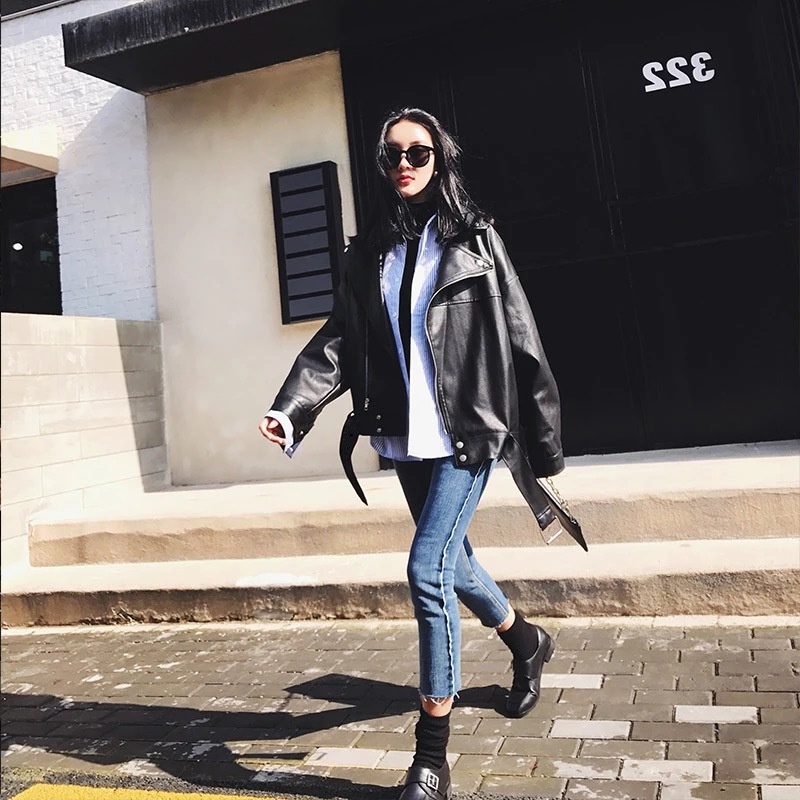 AliExpress Amazon oversize Korean Women's 2020 Autumn Loose PU Leather Jacket Student Motorcycle Jacket