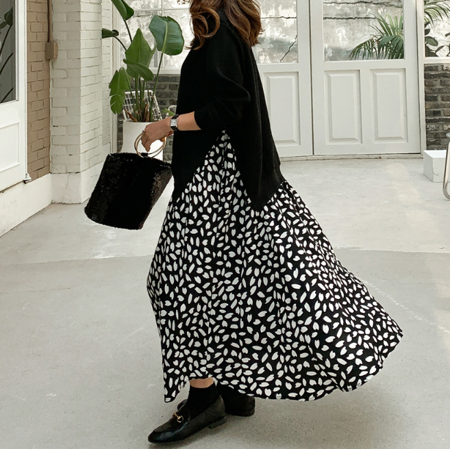 2020 Autumn Large Size Women's Long-Sleeved T-Shirt Stitching Printed Large-Swing Dress Crewneck Fake Two-Piece Long Dress