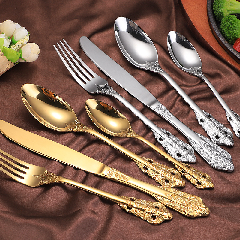 Creative spoon 304 court Western tableware high-grade gold-plated stainless steel knife, fork and spoon 4-piece vintage embossed tableware set