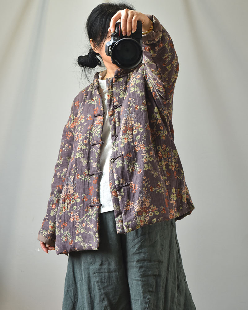 Naran/original plus size cotton and linen women's clothing Chinese cardigan stand collar casual cotton-padded clothes vintage printed warm cotton-padd_voghion.com