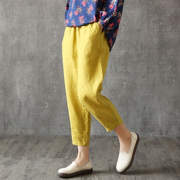 HKcis Cotton Women's Pants Cropped Loose Cotton and Linen Loose Waist Wide Leg Pants Vintage Artistic All-match Casual Pants Free Shipping