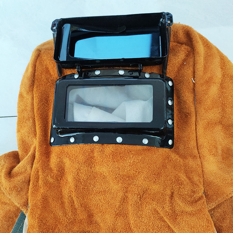 Head-wearing cowhide welding cap, fireproof flower head protection mask, leather welding eye protection mask, double-turn welding