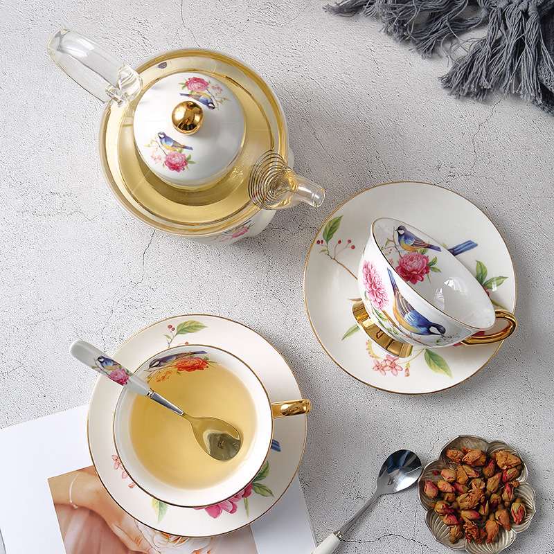 British bone china afternoon tea set flower tea cup suit household European Nordic fruit teapot glass candle heating
