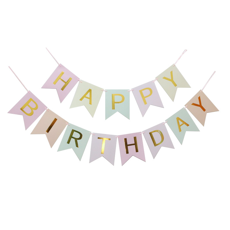 Happy Birthday Bronzing Letter Fishtail Banner Pink Color Flag Flower Party Flag Baby Year Old Decoration Supplies