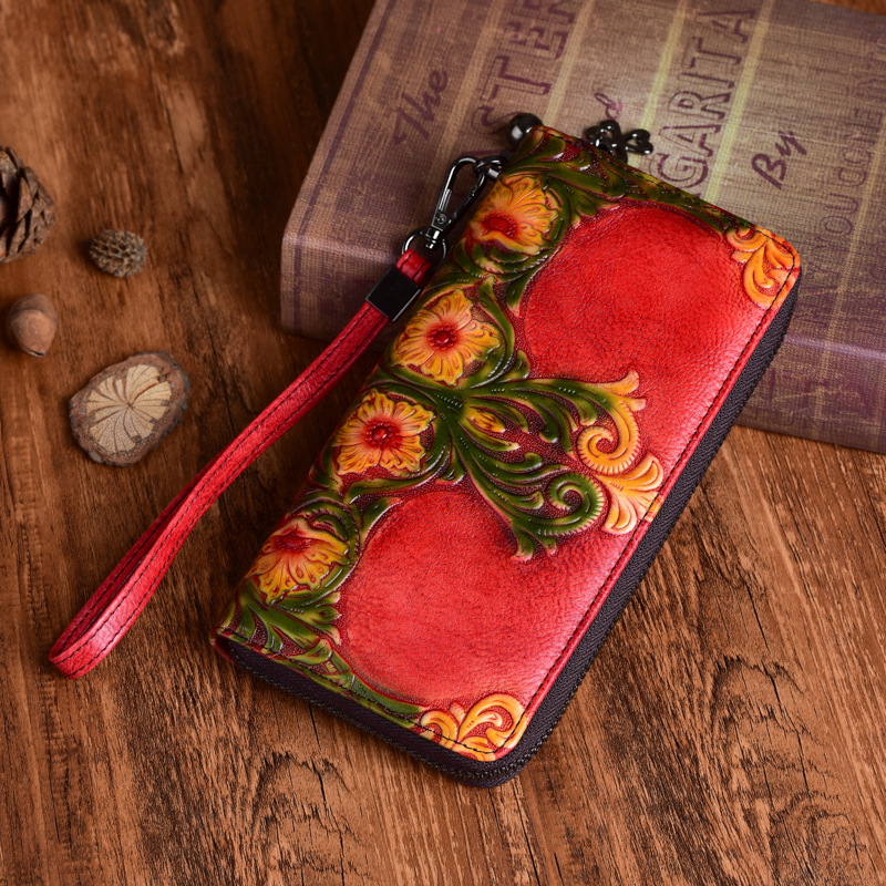 Explosions women's wallet first layer cowhide retro embossed hand-colored export long clutch bag a generation of hair