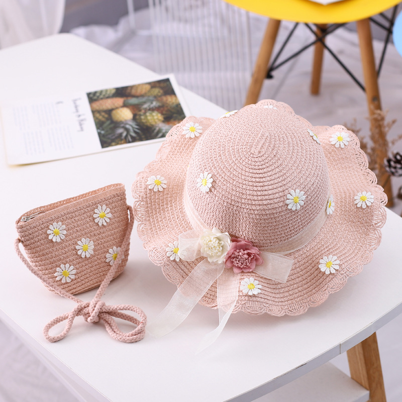 Chapeau de paille pour fille, chapeau d'été en ruban de paille, chapeau pare-soleil à fleurs, chapeau de pêcheur, ensemble de sacs de protection solaire parent-enfant_voghion.com