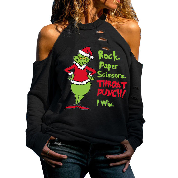 2020 New Independent Station European and American Best Selling Women's Shoulder Irregular Long Sleeve T-shirt Christmas Printed Funny T-shirt
