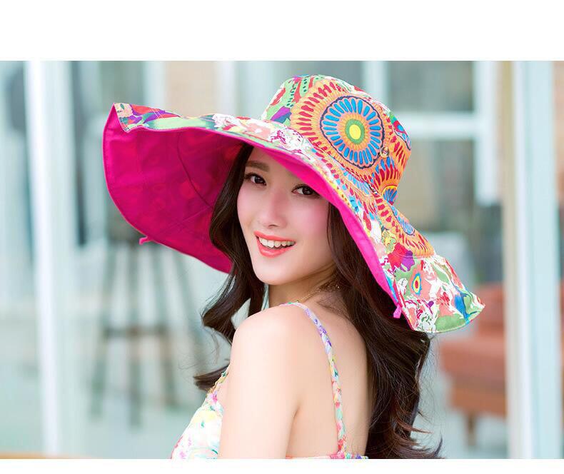 Hat Women's Summer Outdoor Sunscreen Big Rim Hat Bow Ribbon Foldable Double-Sided Beach Sun Hat
