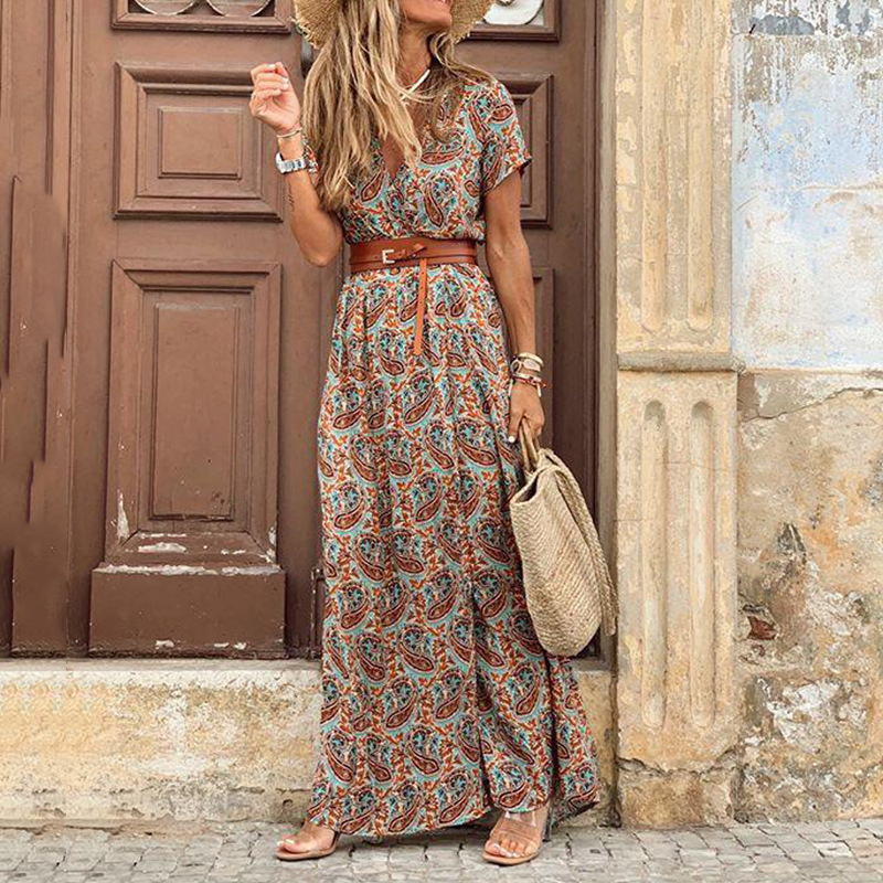 2020 independent station AliExpress WISH explosion European and American best selling fashion bohemian style v-neck floral dress