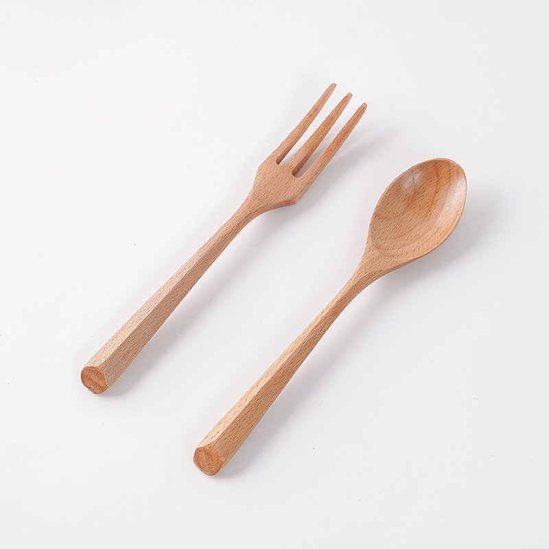 Beech Wood Spoon Creative Japanese and Korean Style Triangle Handle Solid Wooden Spoon Fork Chopsticks Set Wooden Tableware Small Spoon Laser Engraving
