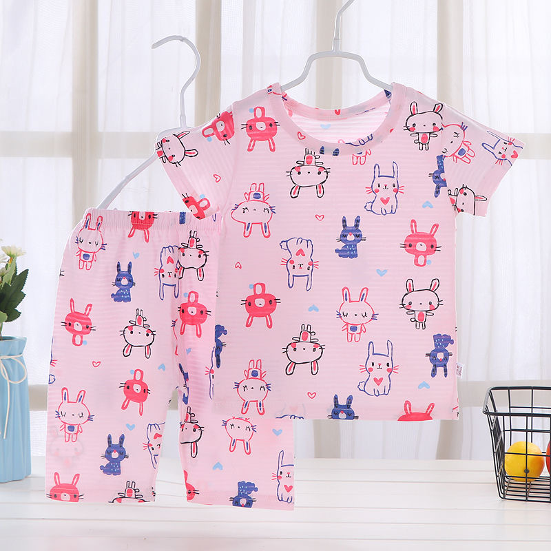 Children's short sleeve shorts bamboo cotton summer pajamas set baby home clothes thin cotton half sleeve a generation of hair