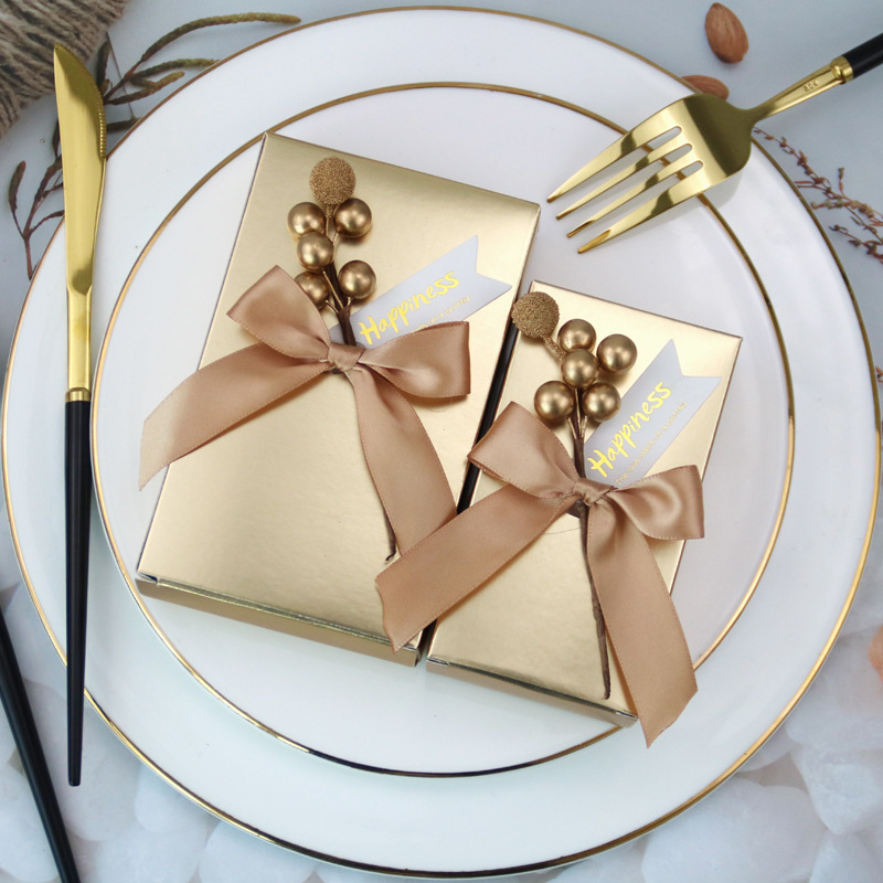 New European Style Wedding Bow Candy Box Golden Square Box Celebration Accompanying Gift Box Packaging Candy Box