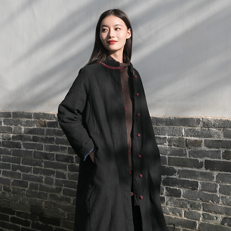 2023 Winter Neue Vintage Chinesischen Stil Vertikale Kragen Chinesischen Stil Kontrast Farbe Platte Schnalle Mittellange Baumwolle gefütterte Jacke Leinen Lose Baumwolle-pad_voghion.com