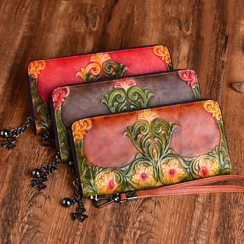 Explosions women's wallet first layer cowhide retro embossed hand-colored export long clutch bag a generation of hair